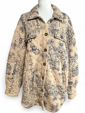 Quilted Beige Paisley Button-Up Jacket